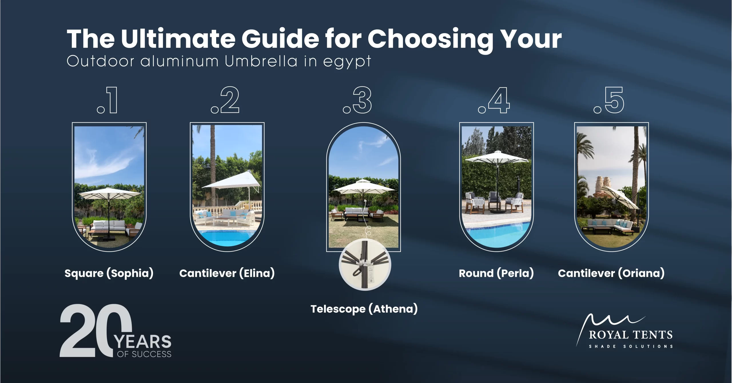 Royal Tents outdoor aluminum umbrella models in Egypt: Sophia square umbrella, Elina cantilever umbrella, Athena telescopic umbrella, Perla round umbrella, Oriana cantilever umbrella